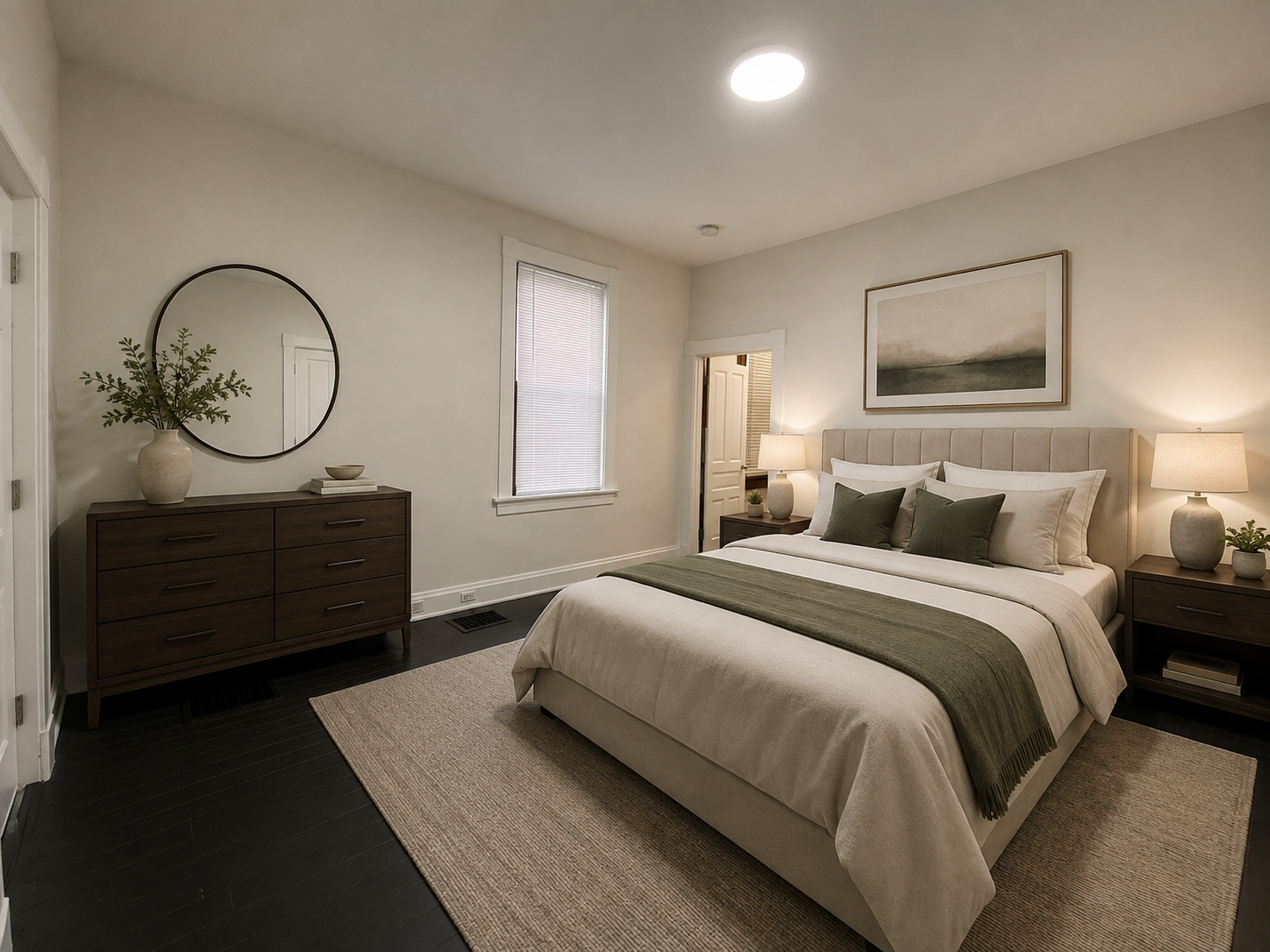 Bedroom with queen bed, dresser, round mirror, and dark hardwood floors