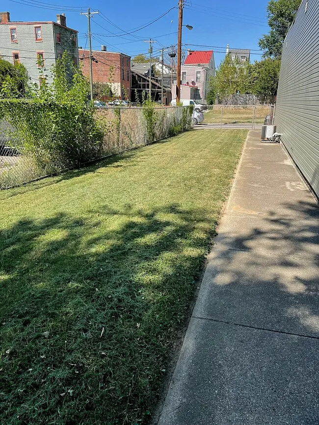 Large grassy side yard along the house with a fenced border